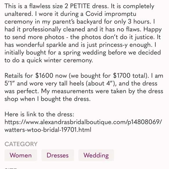 WTOO BY WATTERS Jura Wedding Dress Bridal Gown Size 2 (2P Petite) White Beaded - Picture 11 of 11